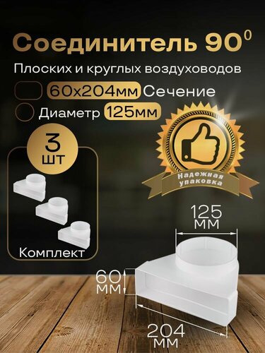 Изображение товара Колено угловое соединительное плоское круглое 60 х 204 мм / d 125 мм, 3 шт, 822-3, белый, воздуховод, ПВХ