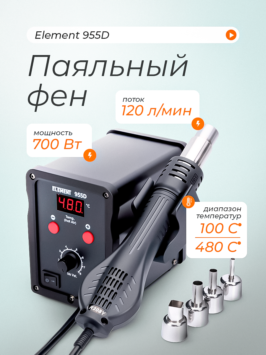Паяльный фен ELEMENT, 700 Вт, нихромовый нагреватель, цифровой