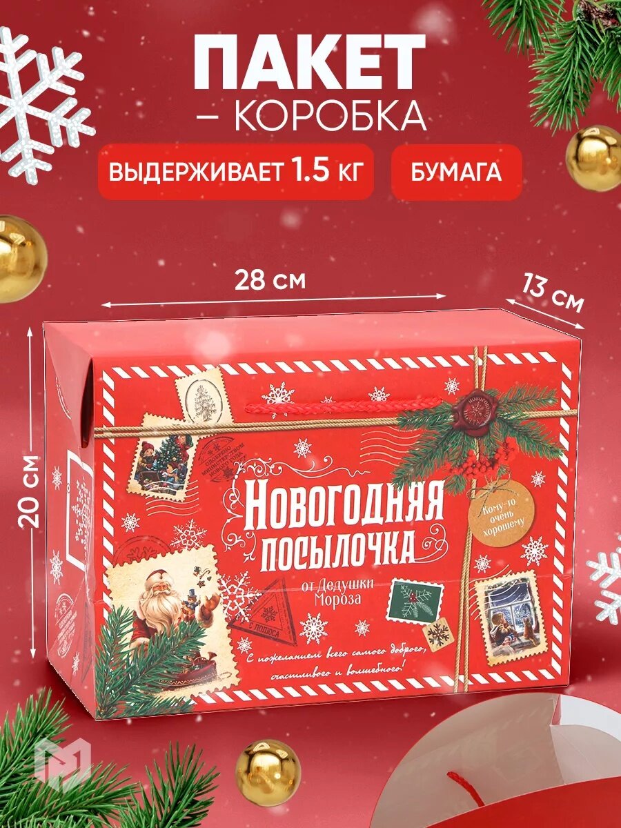 Подарочный пакет ‒ коробка «Посылочка» 28 х 20 х 13 см для упаковки подарка на Новый Год