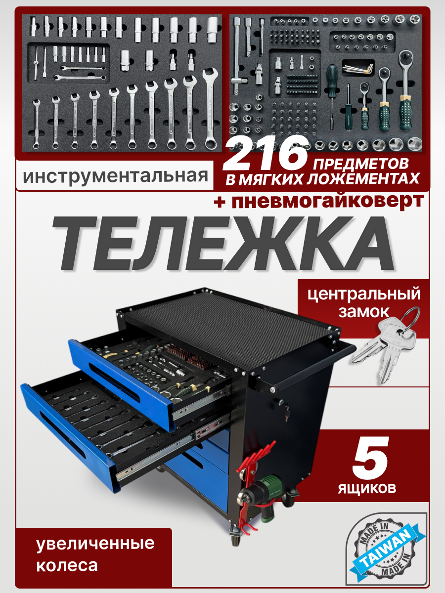 Тележка инструментальная Rock Force, с пневмогайковертом, 216 инструментов, 5 ящиков