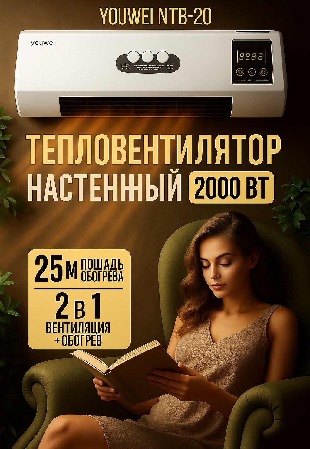 Обогреватель Настенный , тепловентилятор YOUWEI, керамический, 2000Вт, с пультом управления, установка на стену