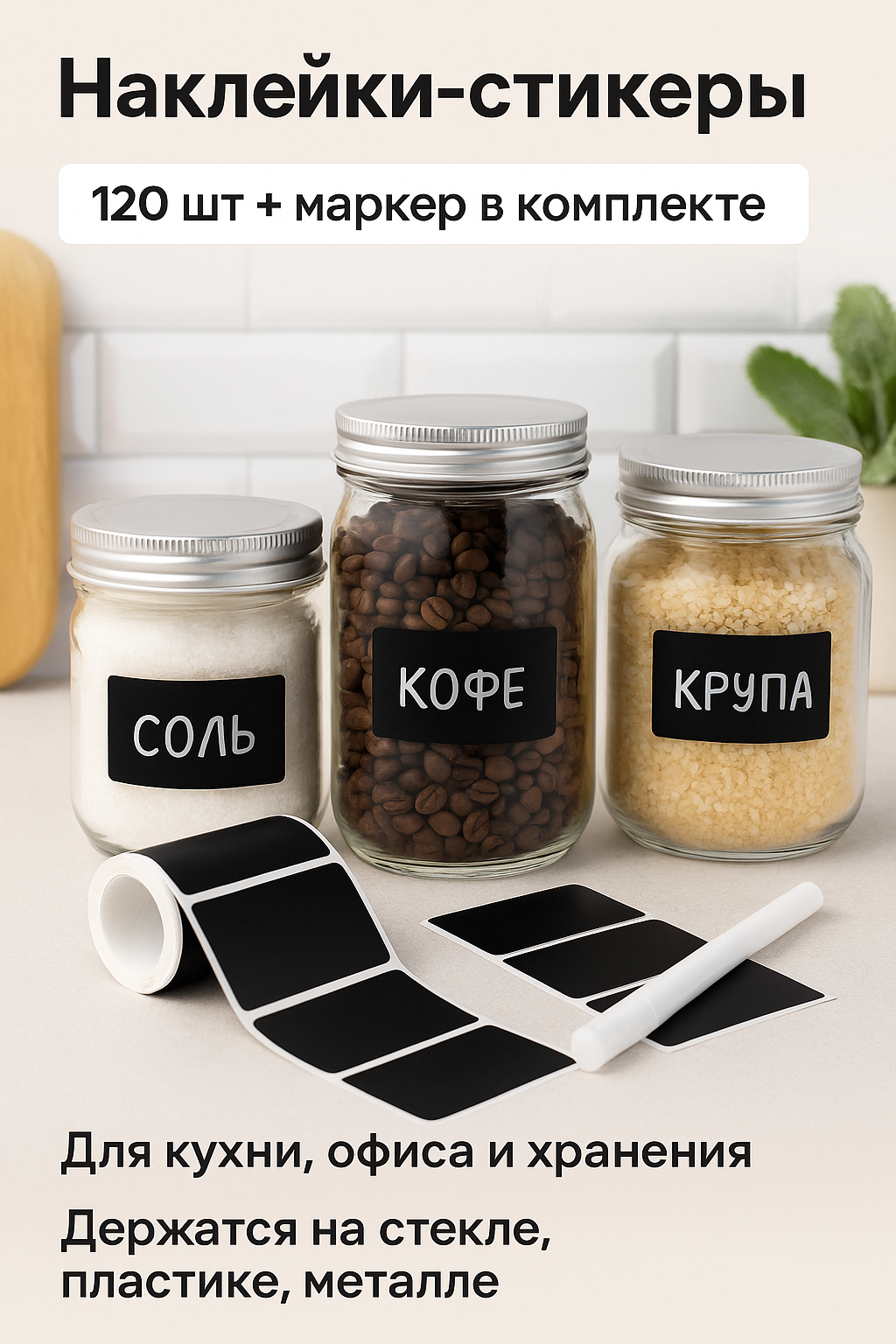 Наклейки-стикеры для подписей, 120 шт, чёрные + маркер | этикетки для банок, коробок и хранения, COLOR Si