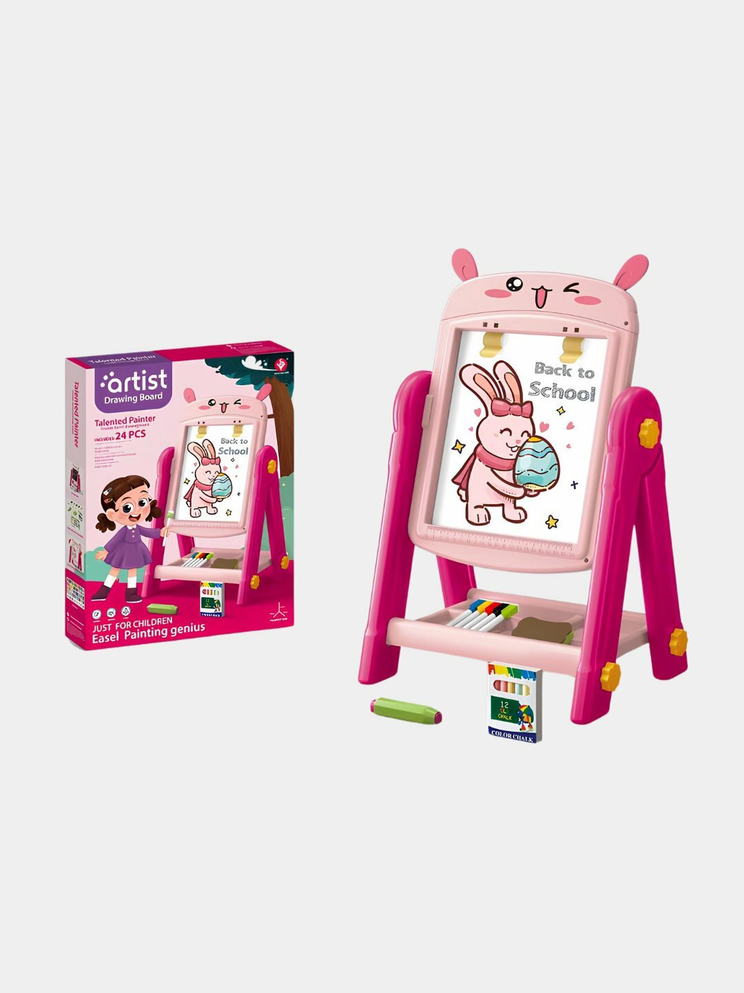 Доска мольберт для рисования, детский, двусторонний, с маркерами, мелками, магнитный