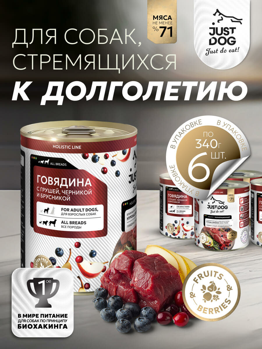 Just Dog Holistic влажный корм для собак с говядиной грушей черникой и брусникой в консервах 340 г