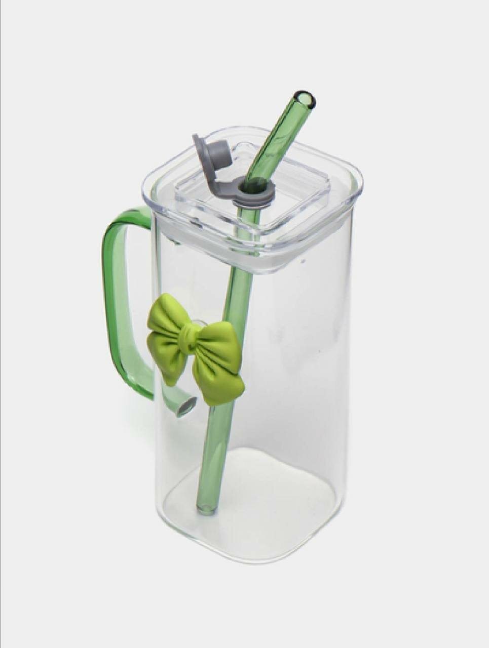 Стакан с трубочкой и бантиком Ribbon многоразовая стеклянная трубочка. зеленая