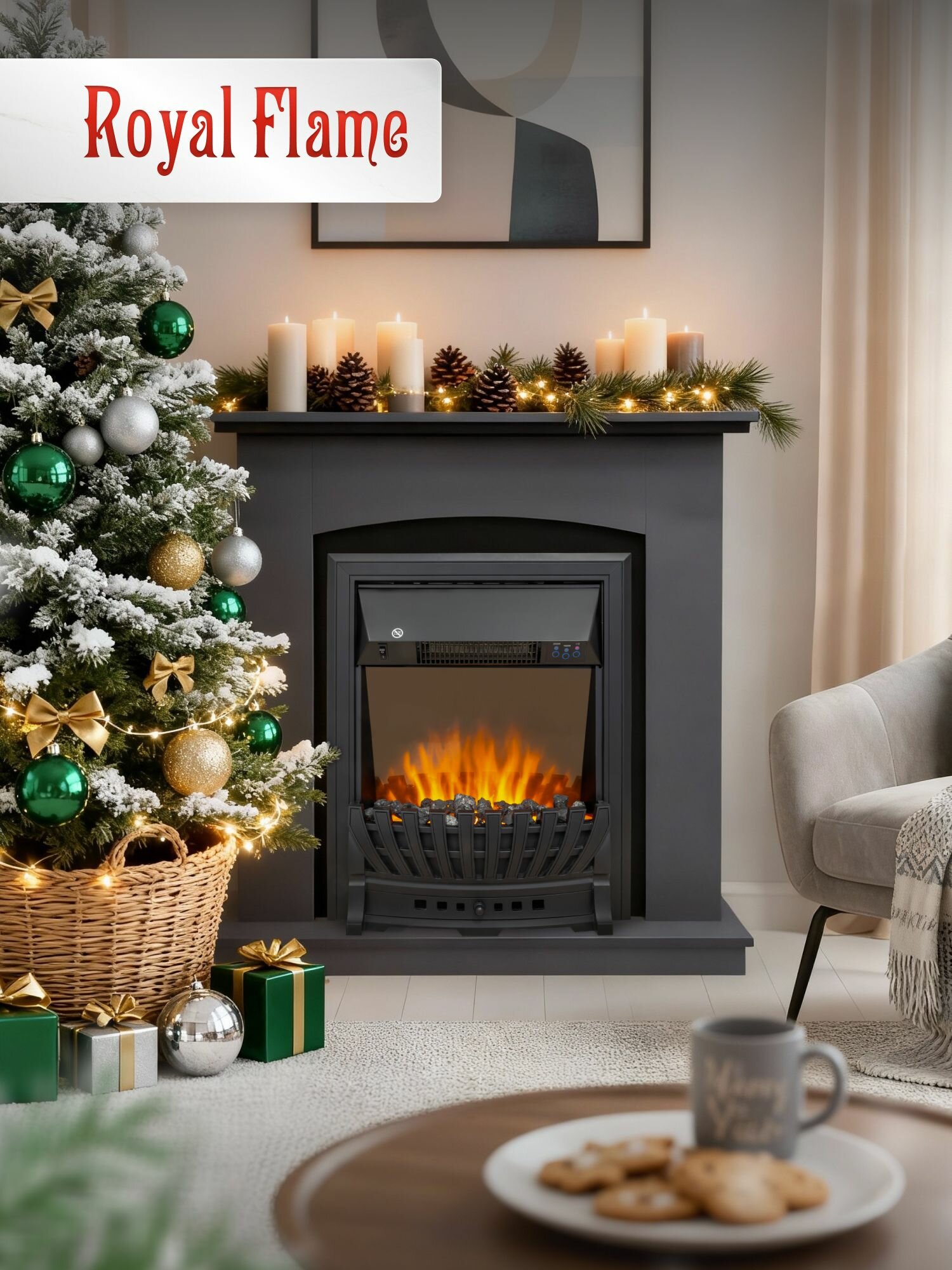 Камин электрический напольный Royal Flame BARCELONA графит грей с очагом Aspen Black  с эффектом реального пламени  ЛДСП  пультом ДУ и обогревом 1 5 кВт