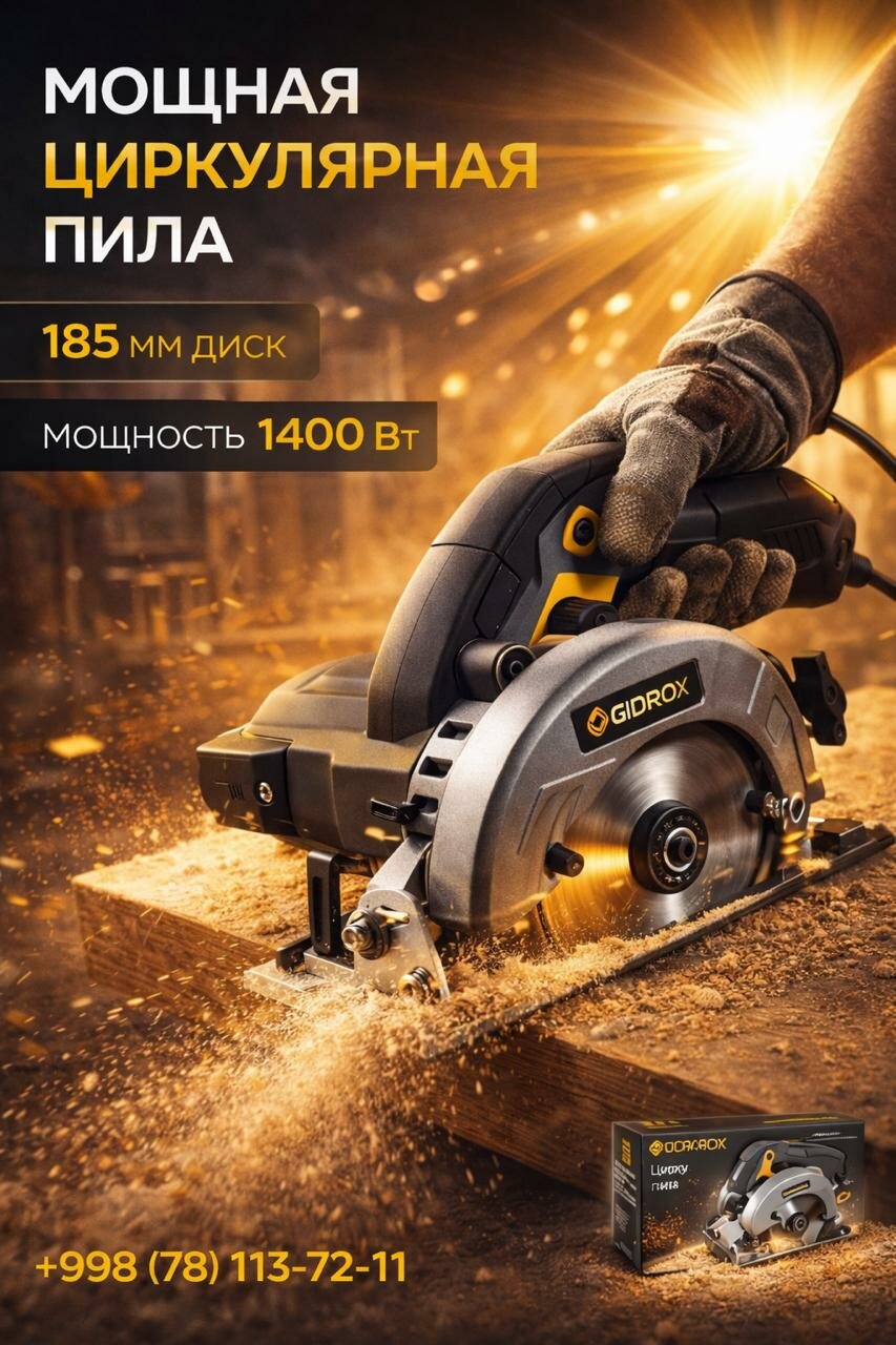 Дисковая пила GIDROX "GSP-185-1400W", 1400 Вт, 185мм, 4500об/мин