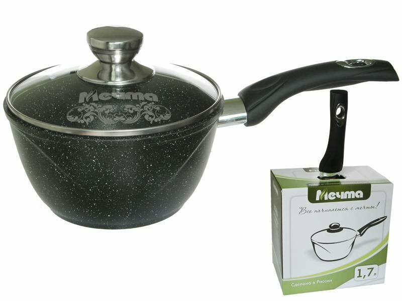 Ковш 1.7л Гранит black с несъемной ручкой и стеклянной крышкой