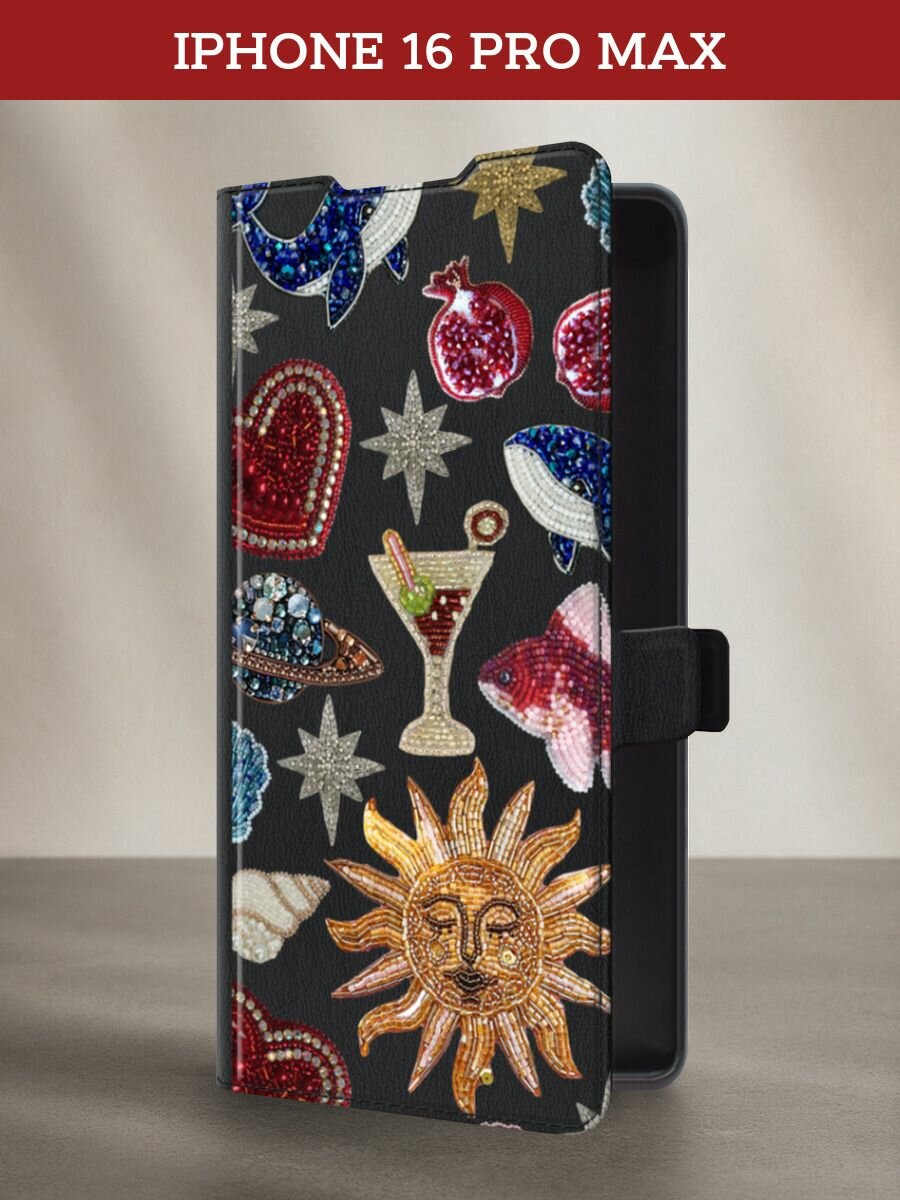 Чехол-книжка на Apple iPhone 16 Pro Max / Айфон 16 Про Макс с принтом Паттерн из страз, черный