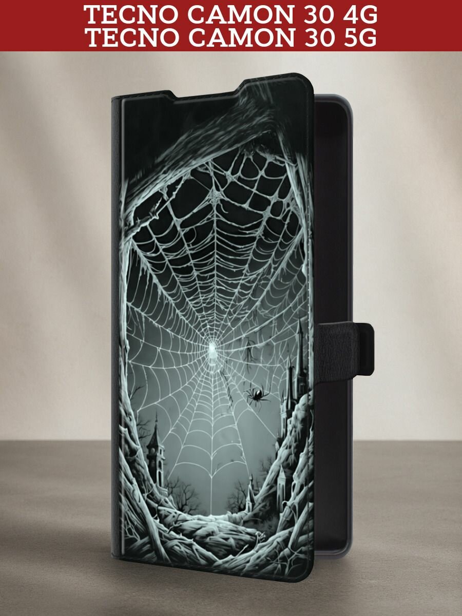 Чехол-книжка на Tecno Camon 30 4G/Tecno Camon 30 5G / Текно Камон 30 4G с принтом Паучья паутина в белом, черный