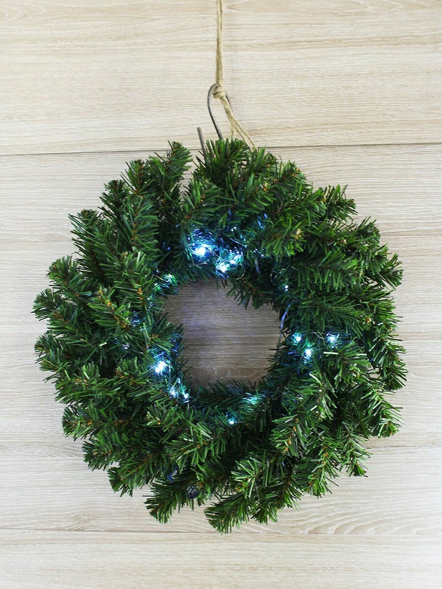 Венок новогодний зеленый ПВХ с электрогирляндой 35 см свет холодный белый