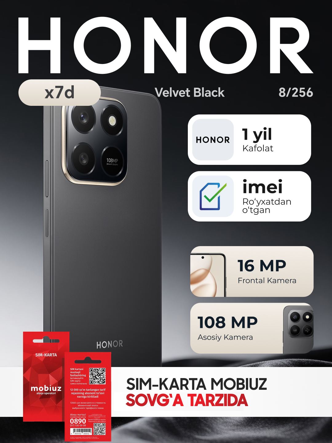 Смартфон Honor X7D 8/256 GB, AMOLED, NFC, IP54, 108 Мп, 120Гц, black