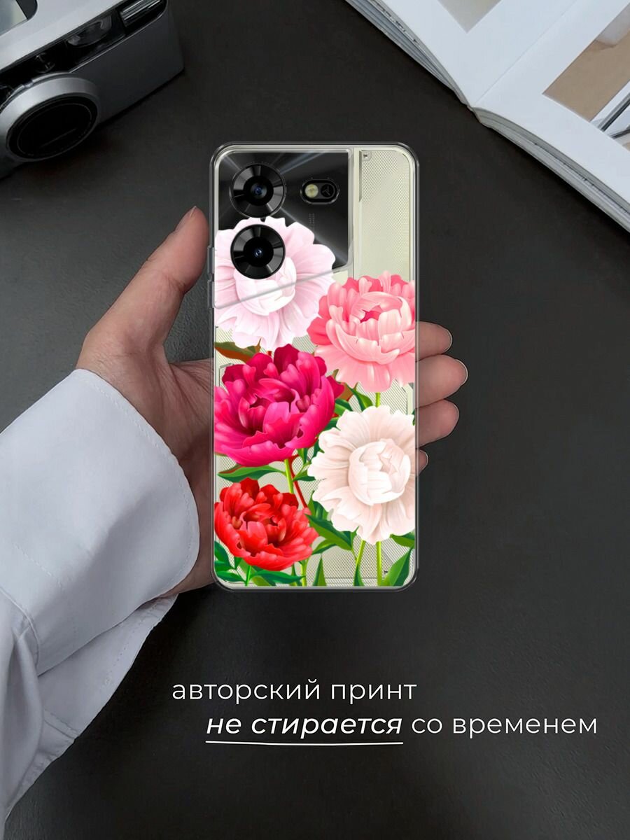 Чехол на Tecno Pova 5 / Техно Пова 5 с принтом "Большие пионы", прозрачный — фото 1
