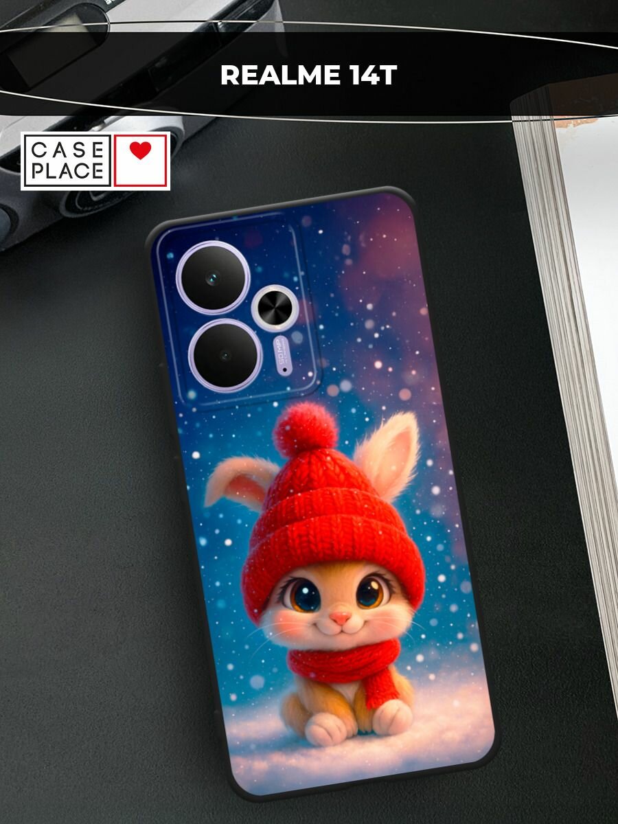 Черный матовый чехол на Realme 14T / Реалми 14Т с принтом "Зимний зайчик"