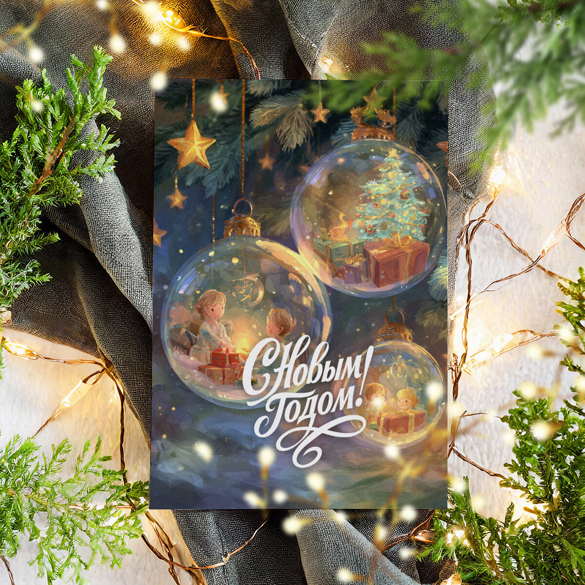 Новогодняя открытка в винтажном стиле, Поздравительная открытка с Новым Годом , красивые яркие принты, формат А5