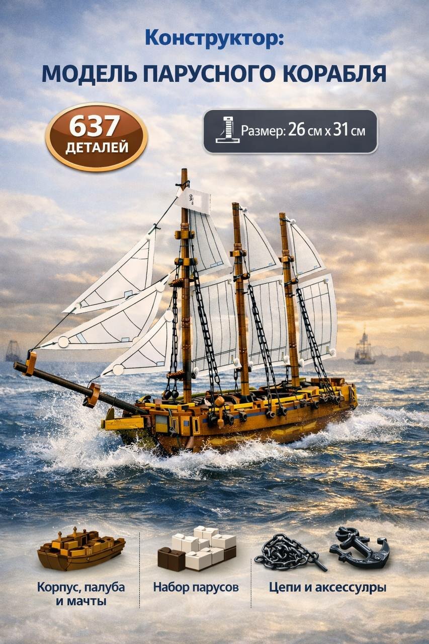 Конструктор парусный корабль из блоков, сборная модель парусника, 637 деталей, игрушка для детей