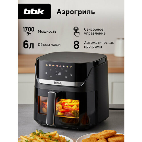 фото Аэрогриль с антипригарным покрытием bbk af503 черный, объем чаши 6 л, мощность 1700 вт