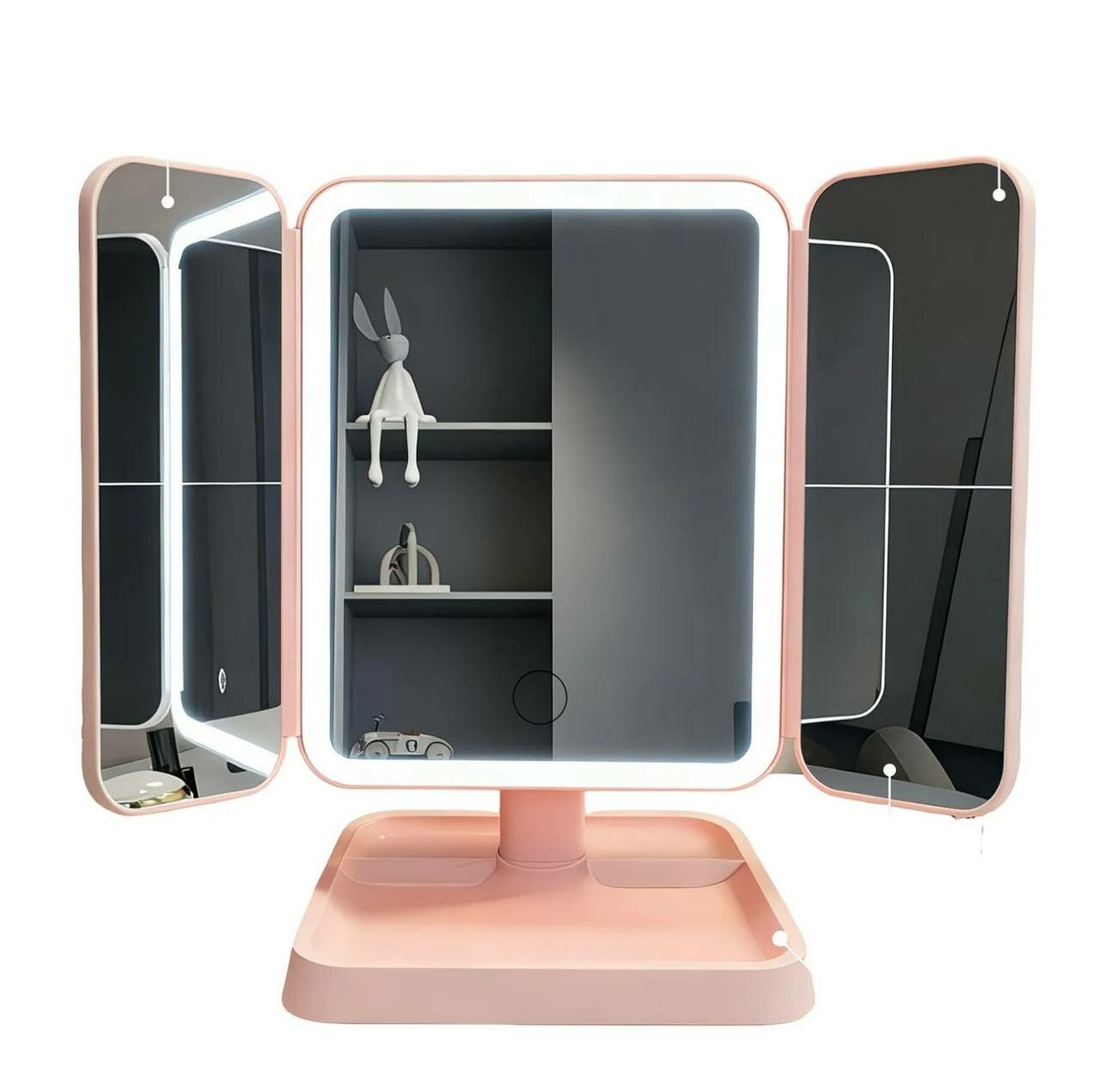 Косметическое зеркало с LED-подсветкой, тройное складное, сенсорное управление, USB