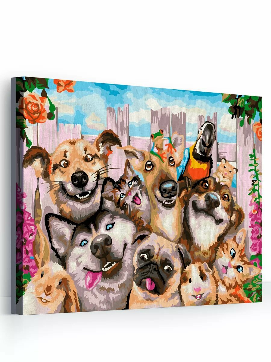 Картина по номерам на холсте с подрамником 40х50 см Кошечки и Собаки-улыбаки