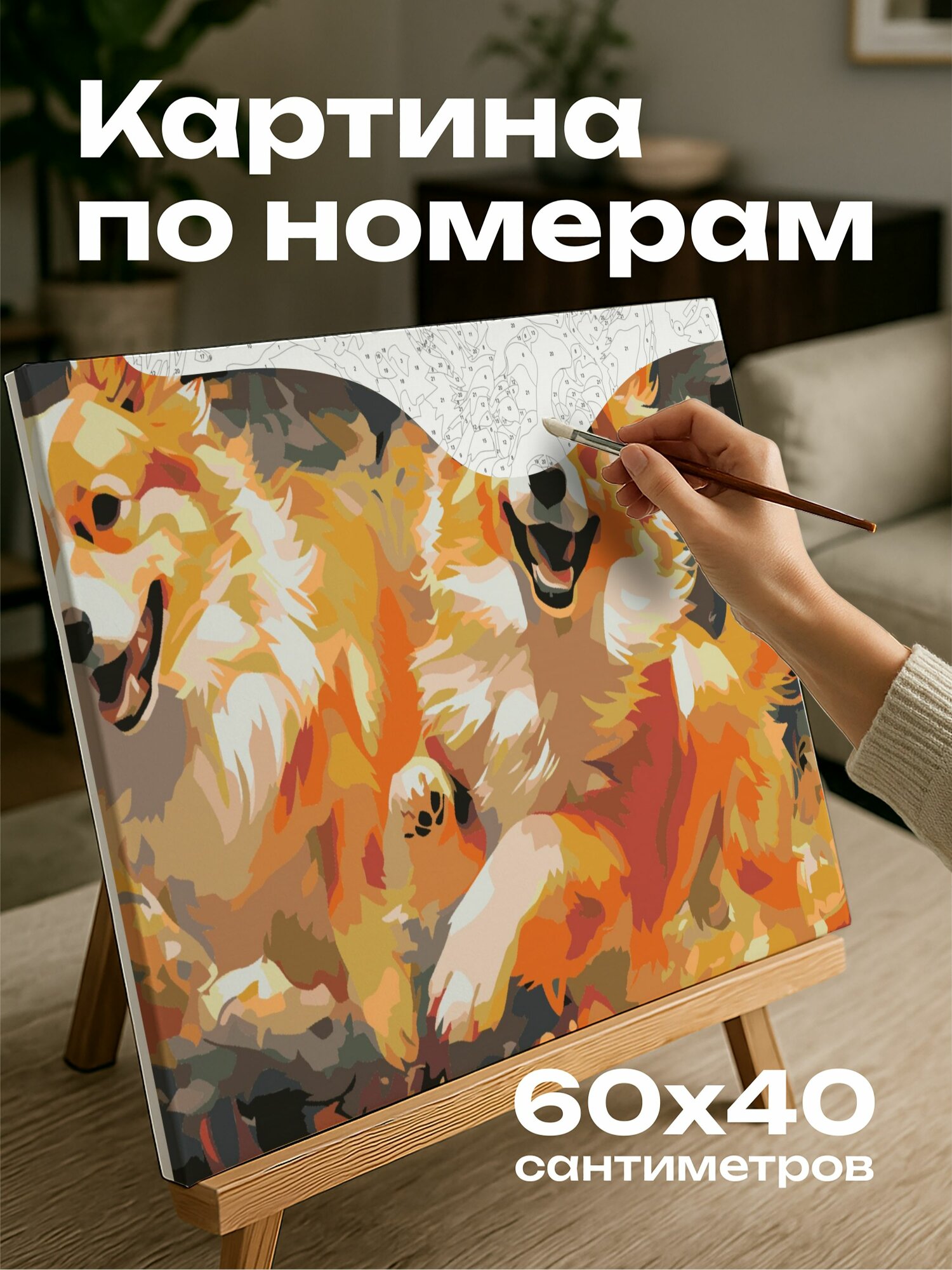 Картина по номерам 60x40 см, корги, танцоры, балет, прыжки, кружение, пушистые хвосты, синхронизация, яркие цвета