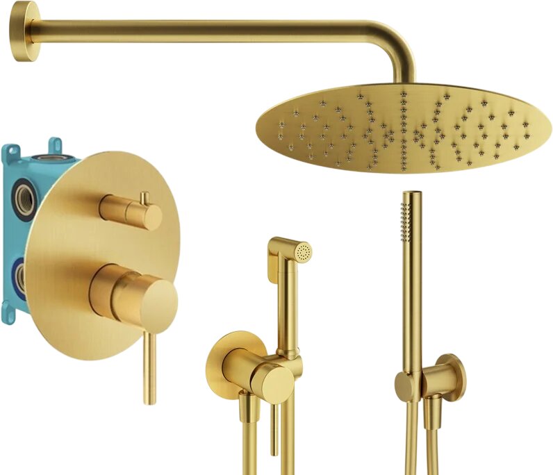 Комплект для ванной Plumberia Selection Ixo KITZXO18OB 5 в 1, встраиваемый, с внутренней частью в комплекте, со смесителем, с тропическим душем, латунный, золотой, душевая система