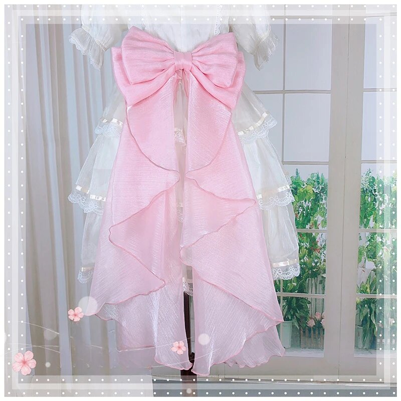 Сладкое каскадное платье Лолиты с рюшами и бантом Розовый, Pink 70cm Long