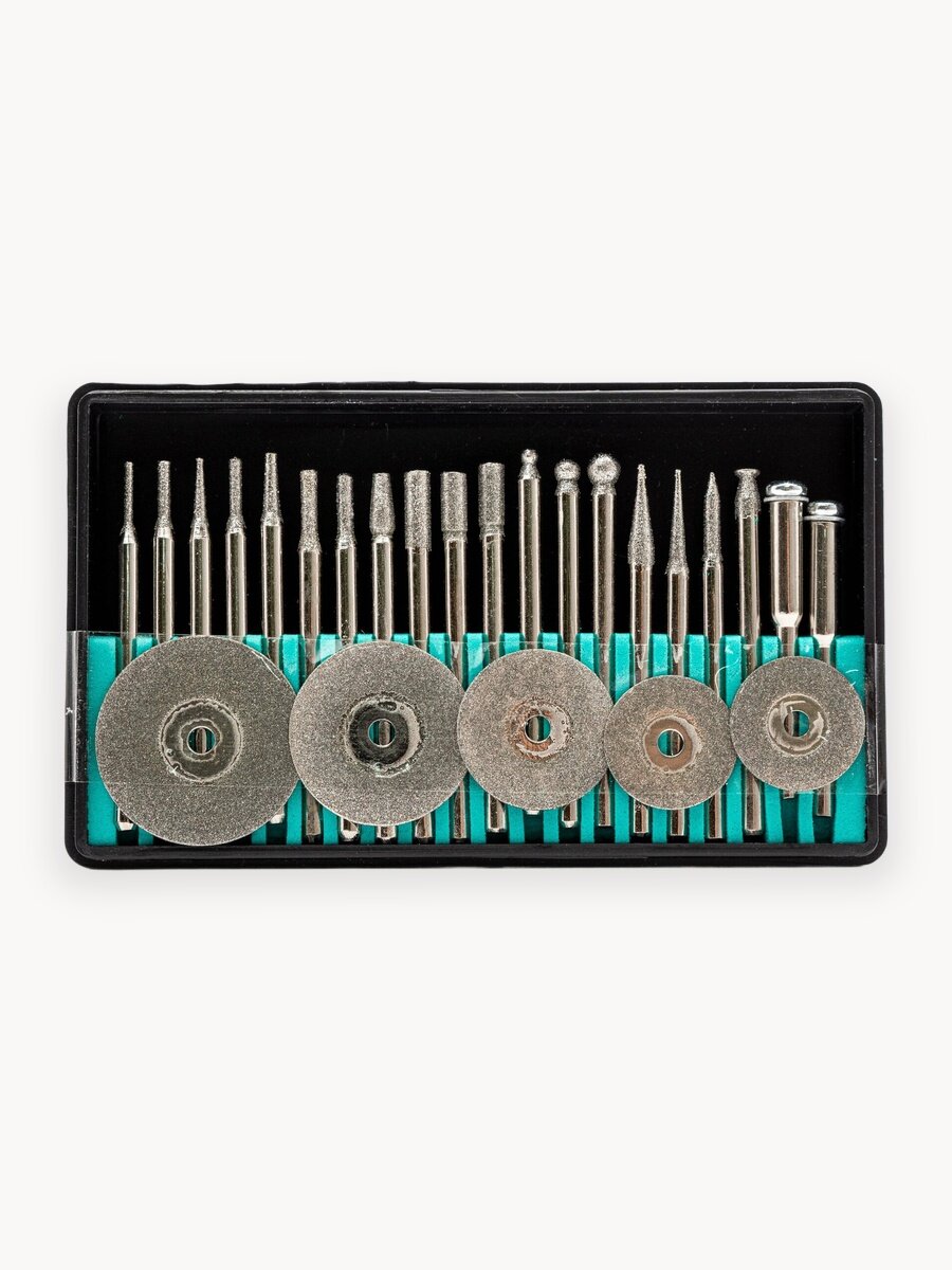 Набор шарошек и отрезных дисков с алмазным напылением для гравера + держатели (25 предметов)