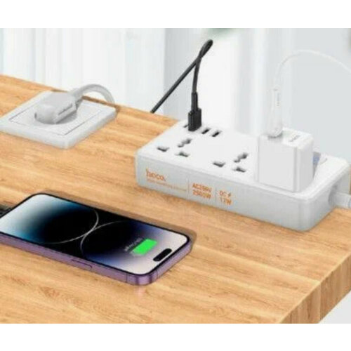 фото Сетевой фильтр hoco ac7a, 3usb+3bit+usb-c, 2500w с кабелем 1.5 метра, белый ldnio