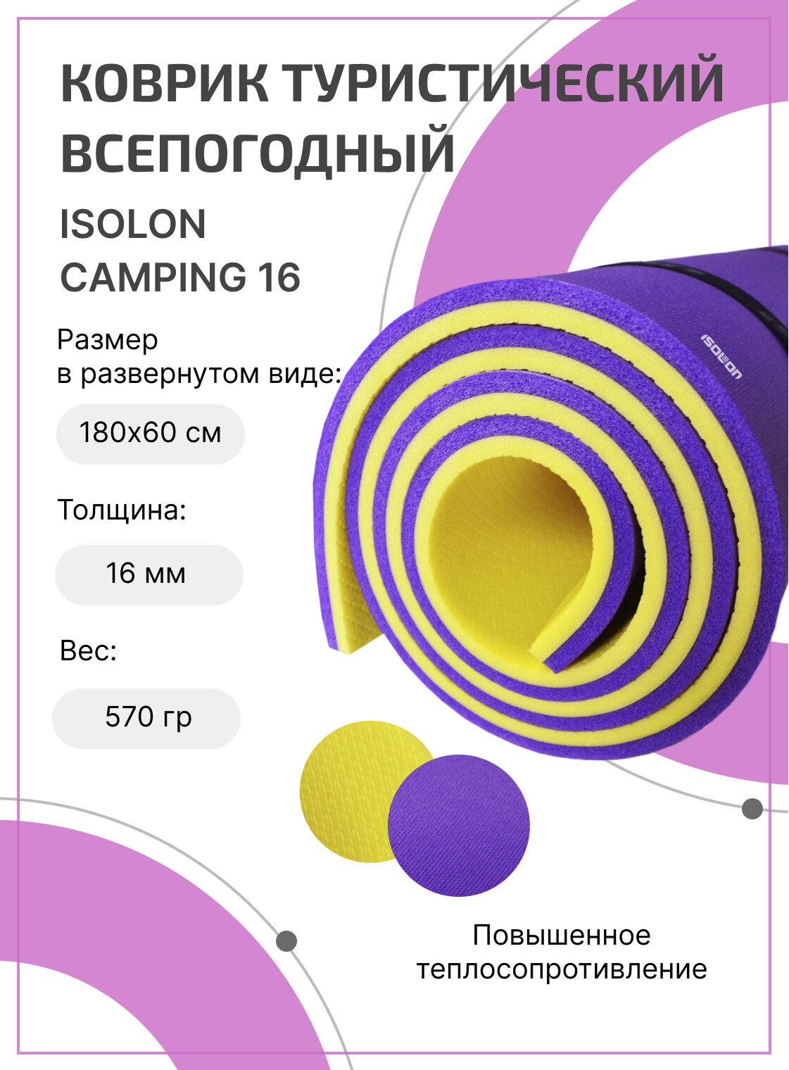 Коврик для активного отдыха и спорта Isolon Camping 16 мм, 180х60 см фиолетовый/желтый