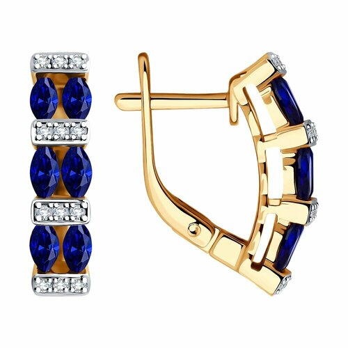 фото Серьги яхонт, золото, 585 проба, бриллиант, синий, бесцветный яхонт ювелирный