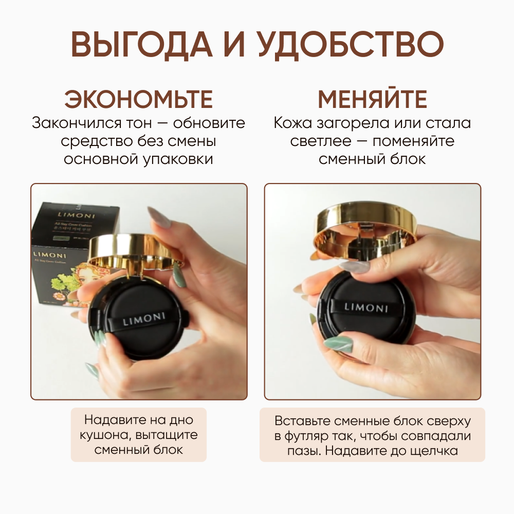Флюид тональный кушон All Stay Cover Cushion SPF 35 / PA++ Refill 03 Dark Medium Сменный блок Limoni COSON Co., Ltd - фото №4