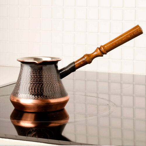 Турка для кофе медная с эмблемой (200 мл) армянская джезва ручной работы, восточная кофеварка, подарок мужчине папе