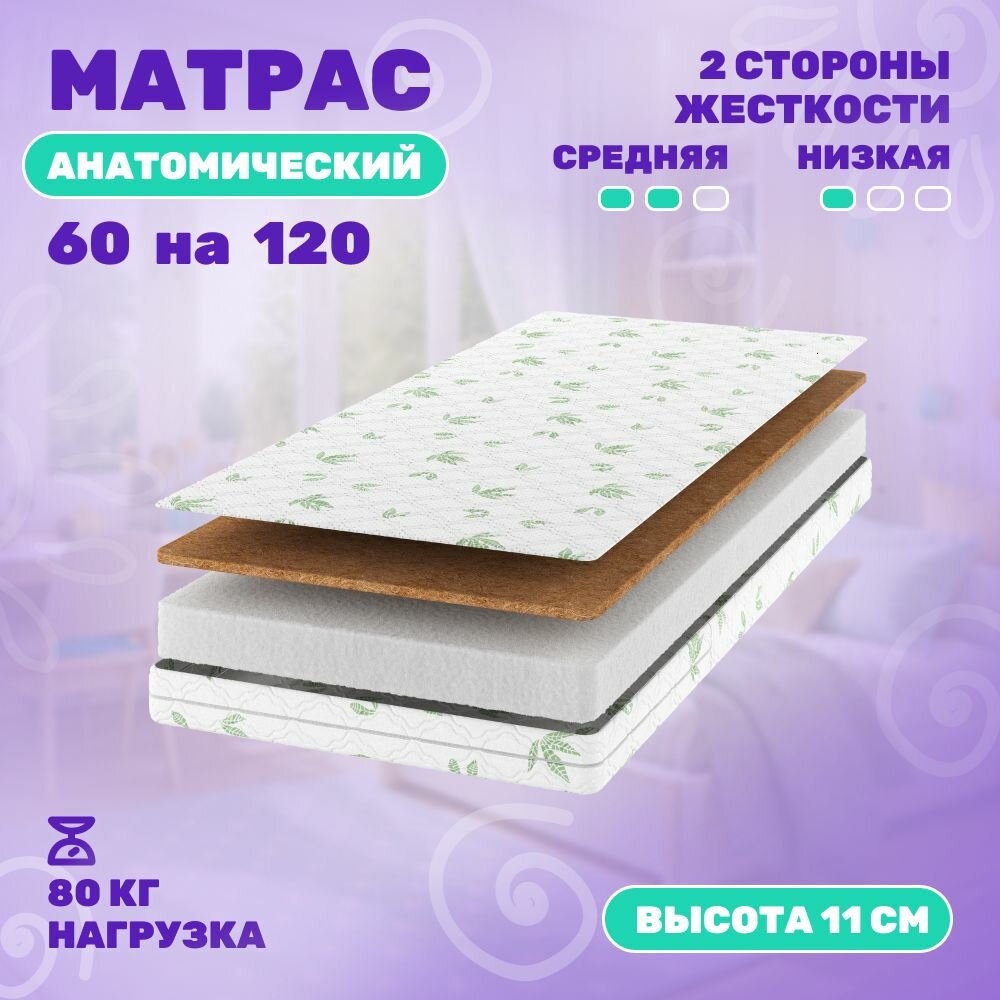 Детский матрас "Капризун", беспружинный, 120x60х11 см, двусторонний, съемный чехол