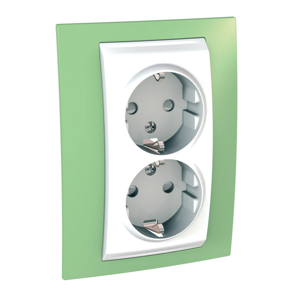 Розетка 2-м СП 4мод. Unica Хамелеон 16А IP20 с заземл. защ. шторки бел./зел. яблоко SchE MGU63.067.863