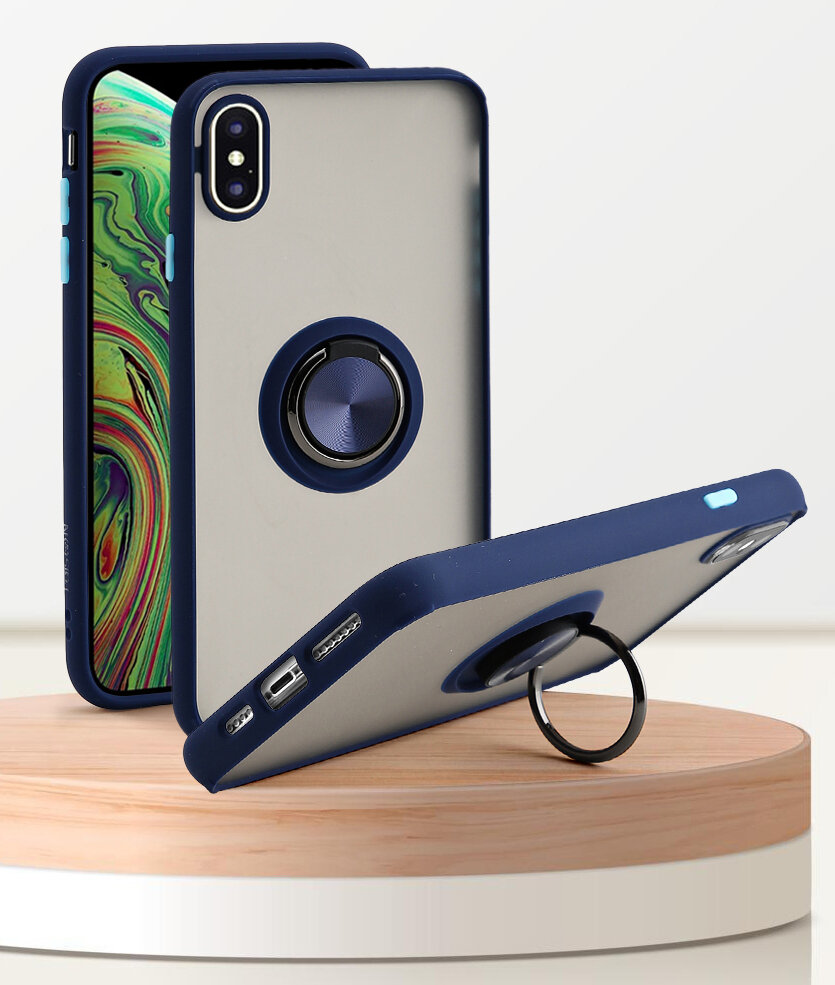Чехол для Iphone X/XS/10 / чехол айфон x/xs/10, синий, с кольцом, подставка, манитный держатель, защита камеры