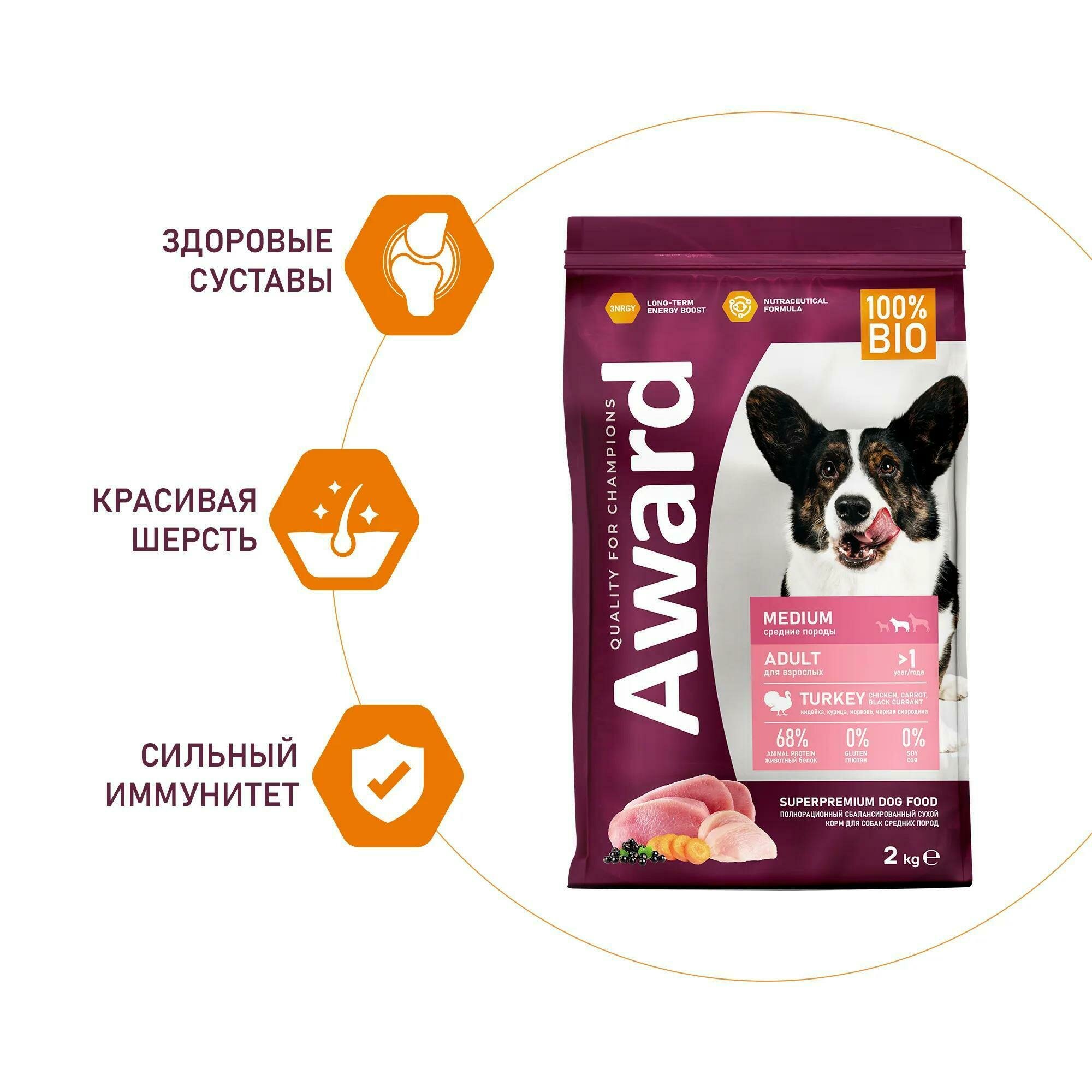 AWARD сухой корм для взрослых собак средних пород, с индейкой, курицей, морковью и черной смородиной - 2 кг — фото 1