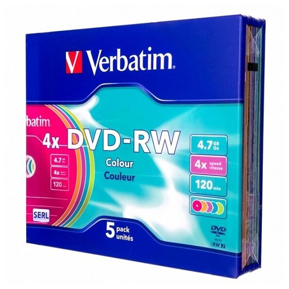 Диск Verbatim DVD+RW 4x 4.7Gb SlimCase (5шт) Color