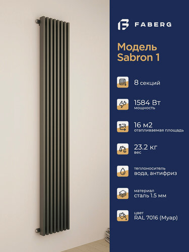 Изображение товара Трубчатый радиатор отопления Sabron от Faberg, 8 секций, RAL7016. Подключение: Нижнее. Высота 1800мм, ширина 304мм