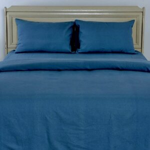 Фото Льняное постельное белье 2 спальное Темно-Синее, наволочки 70х70
