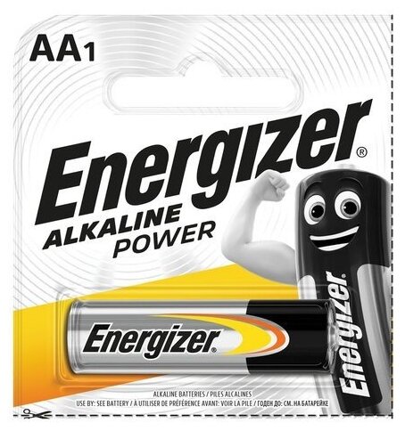 Батарейка ENERGIZER Alkaline Power, AA (LR06, 15А), алкалиновая, пальчиковая, 1 шт., в блистере (отрывной блок), E300140301