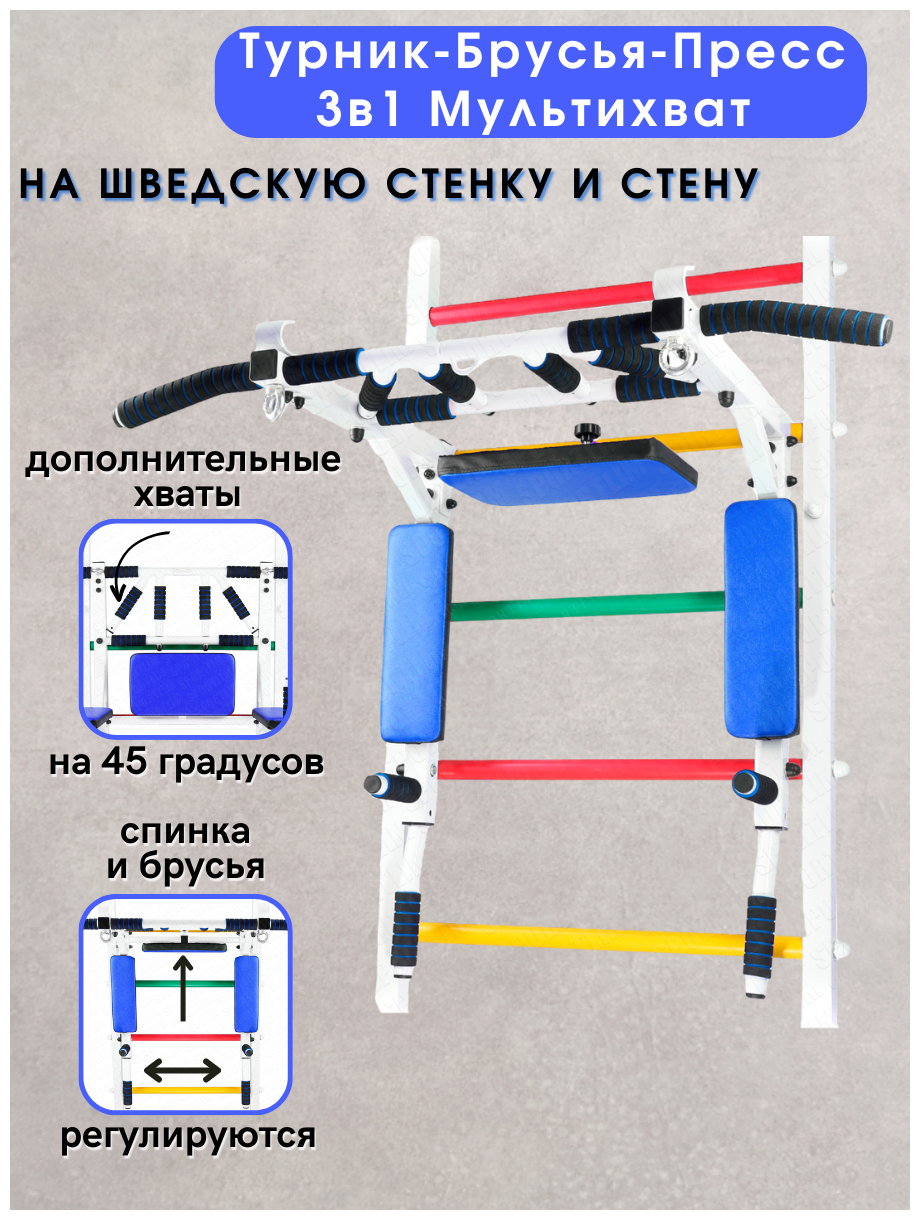 Турник Мультихват на Шведскую стенку Бело-Синий