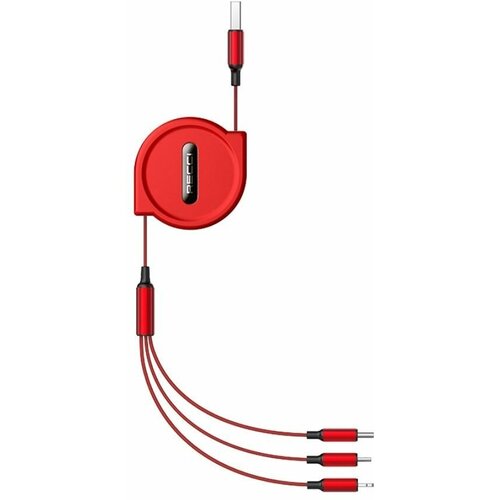 Кабель для зарядки телефона Recci RTC-T08 Thunder USB to Type-C+Lightning+Micro-USB, 1 метр, 3.5A, красный кабель для зарядки телефона recci honour rtc n23c usb a to type c 3a 1 метр серый