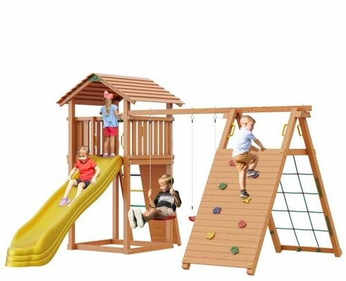 Детская игровая площадка New Sunrise JC9 Jungle Cottage макс. нагрузка 250 кг, вместимость 5 детей, крытая башня, 2 качели