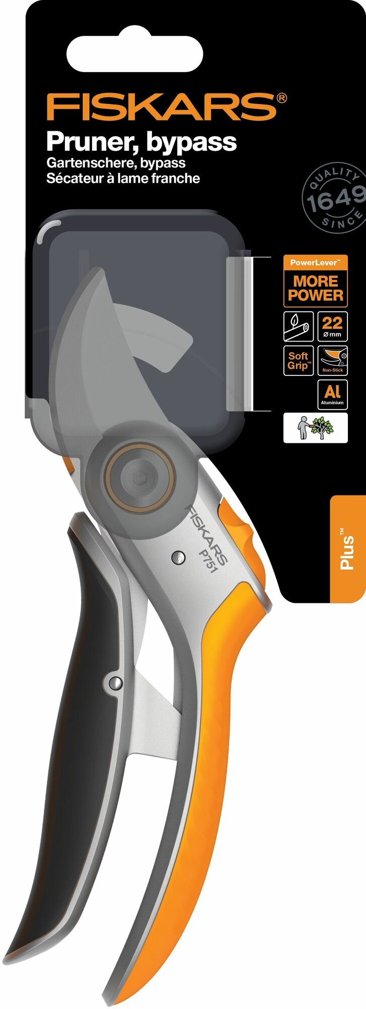 Секатор плоскостной Fiskars Plus PowerLever P751 черный/оранжевый (1057172) - фото №2