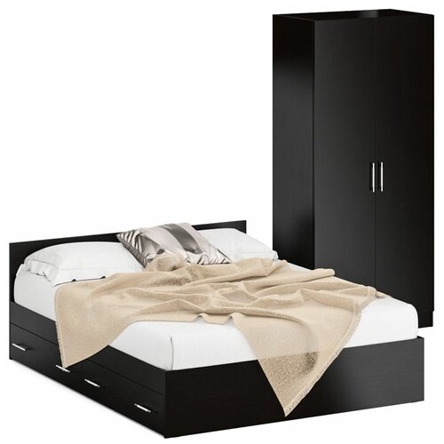 Кровать двуспальная с ящиками 1600 со шкафом для одежды 2-х створчатым Стандарт, цвет венге, спальное место 1600х2000 мм., без матраса, основание есть