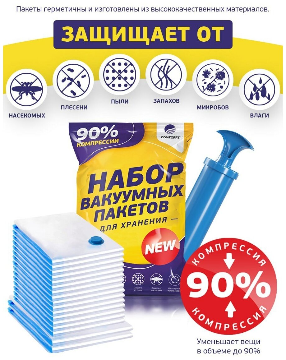 Вакуумные пакеты для одежды, набор 11 шт с насосом в подарок, для хранения вещей, для путешествий, для переезда Comforrt — фото 1