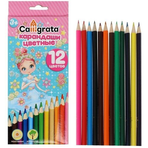 Карандаши цветные 12 цветов Принцесса, корпус деревянный, треугольный ксилофон деревянный детский цветные карандаши