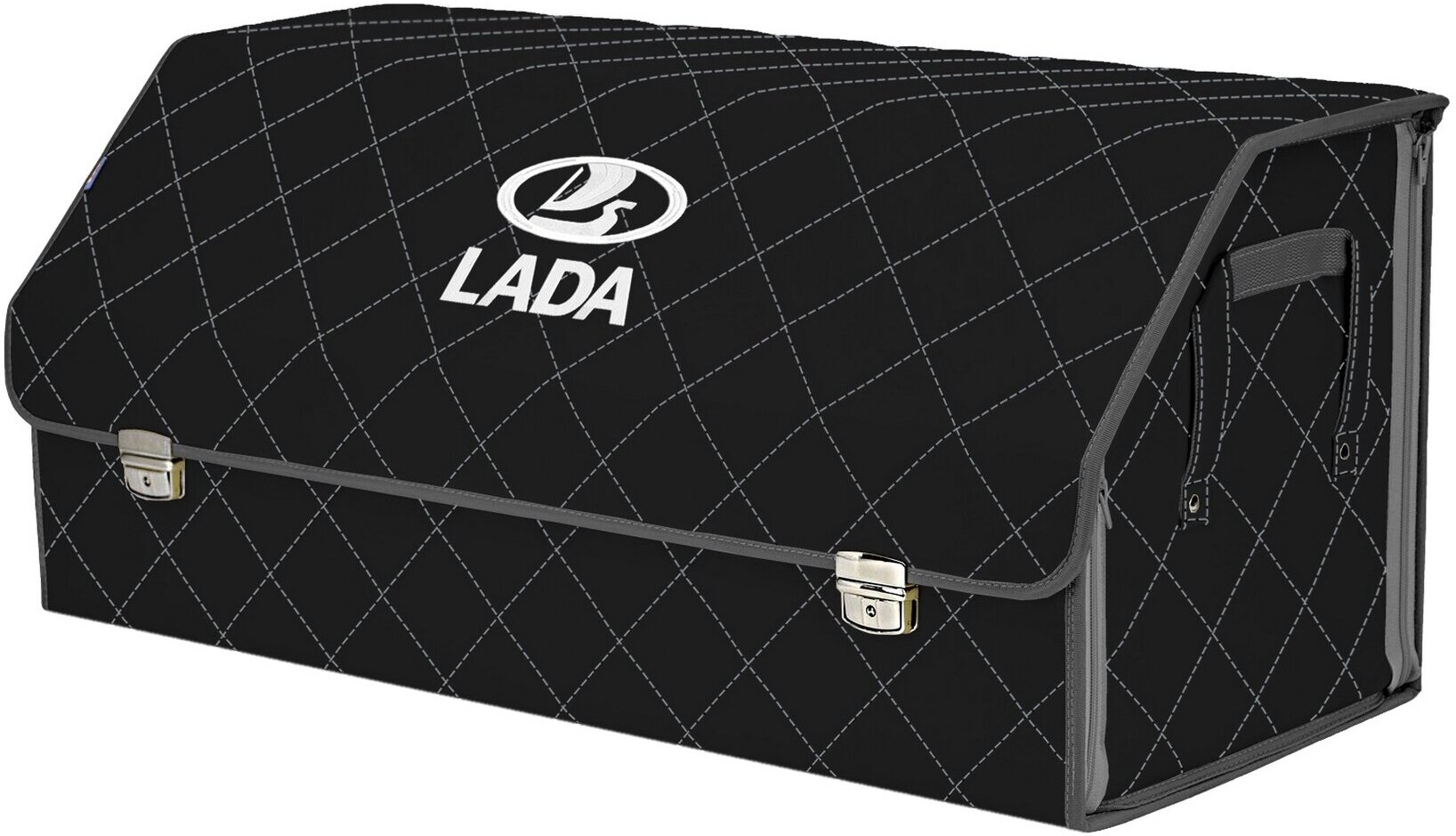 Органайзер-саквояж в багажник "Союз Премиум" (размер XXL). Цвет: черный с серой прострочкой Ромб и вышивкой LADA (лада).