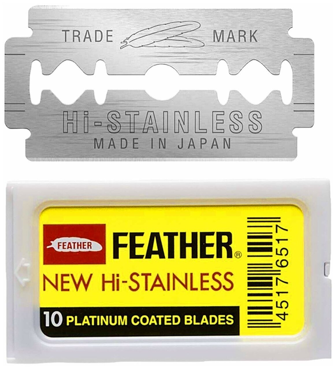 Двусторонние японские лезвия FEATHER желтая упаковка "New Hi-Stainless" для T-образных бритв и шаветок, упаковка 10 шт