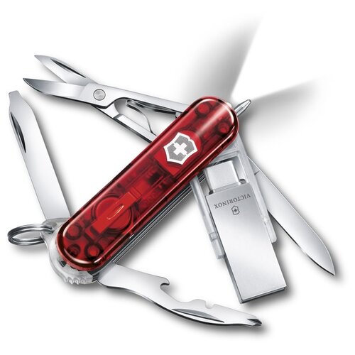 фото Нож-брелок victorinox "midnight manager@work", 58 мм, с usb 16 гб, 10 функций, полупрозрачный красный